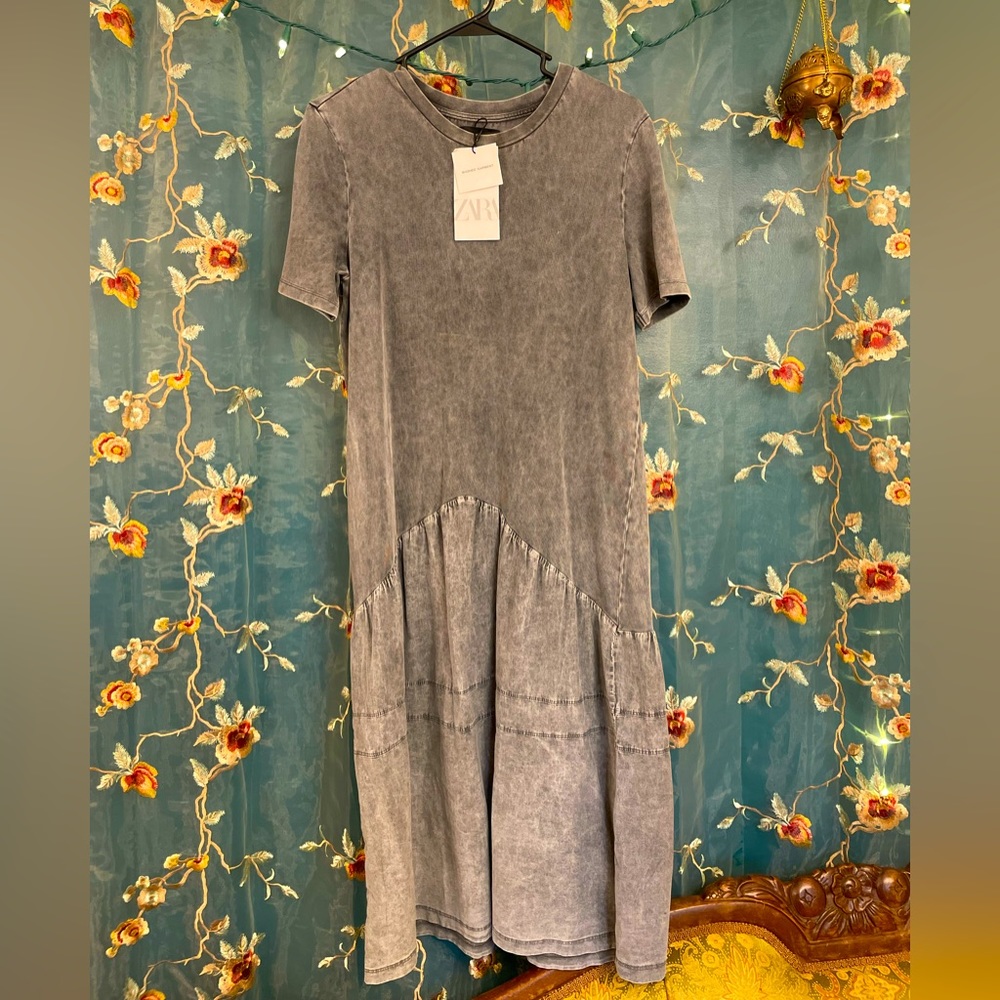 NWT Zara Grey, Washed Out Ruffle T-Shirt Dress